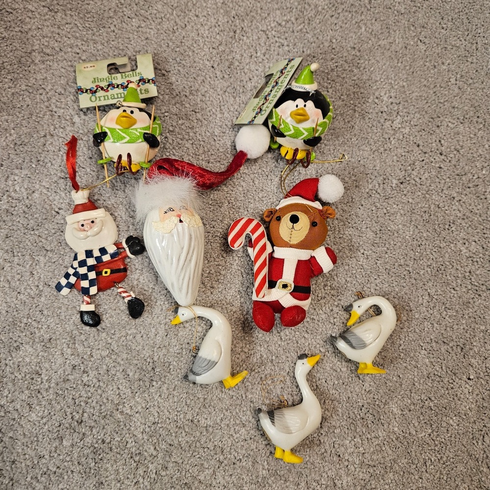 Vintage Mixed Christmas Ornament Lot – Penguins, Santa, Teddy Bear, Geese 8 Pc
